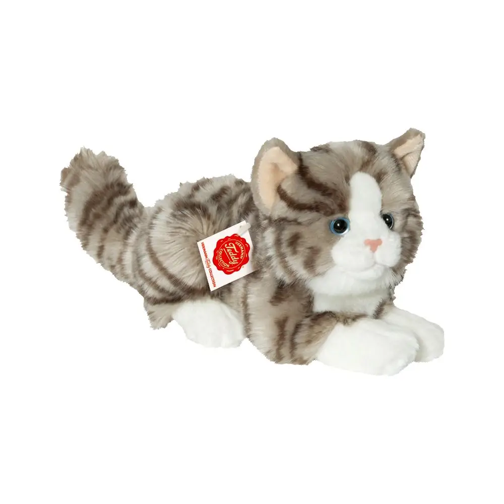 Hermann Teddy peluche chat gris allongé jouet doux 20 cm enfant