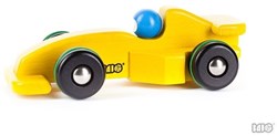 Bajo voiture de course Formule 1 en bois - jouet jaune durable