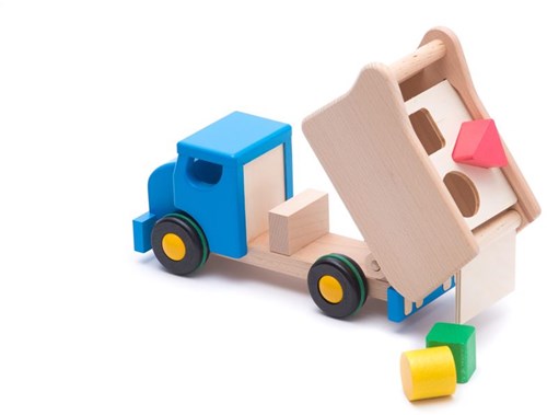Bajo camion-benne trieur de formes - Jouet en bois bleu pour enfants-2
