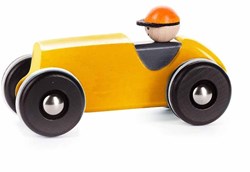 Bajo voiture de course rétro en bois - jaune - jouet durable