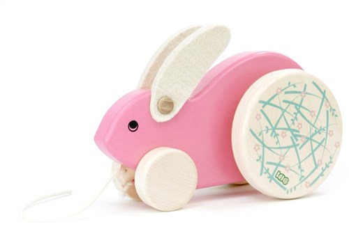 Bajo jouet à tirer en bois grand lapin rose - jouet durable