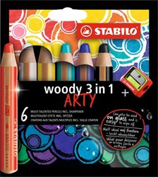Stabilo crayons de couleur woody 3 en 1 - ARTY étui 6 couleurs + taille-crayon