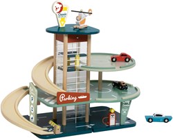 Classic World garage vintage en bois jouet avec voitures et ascenseur, 11 pièces