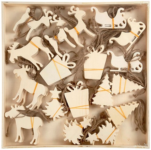 Houten Ornamenten Kerst Thema, 90st.