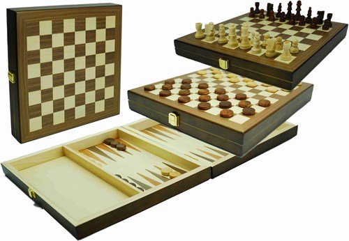HOT Games échecs dames backgammon cassette en bois 29x29cm classique