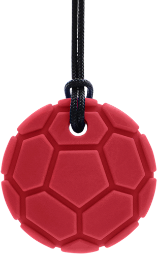 ARK Therapeutic collier à mâcher ballon de football rouge XT - pendentif à mâcher pour enfants Brede, ronde kauwketting in voetbalvorm voor stevige kauwers.