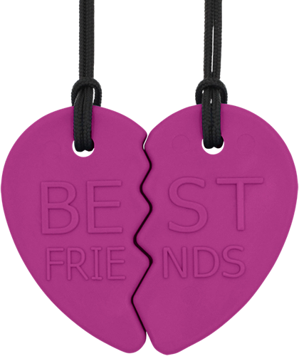 ARK Therapeutic bijou à mâcher cœur d'amitié magenta jouet Set van 2 halve-hartkauwkettingen om samen met een vriend(in) te dragen.