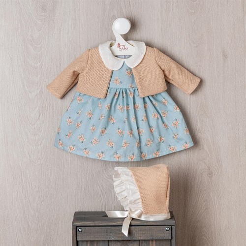 Asi vêtements de poupée - robe fleurie et bonnet - bleu/sable - tenue poupée