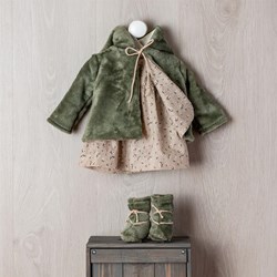 ASI DREAMS Doll Clothing - Dress Beige And Green Fake Fur Jacket And Boots