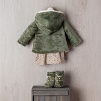 ASI DREAMS Doll Clothing - Dress Beige And Green Fake Fur Jacket And Boots-2