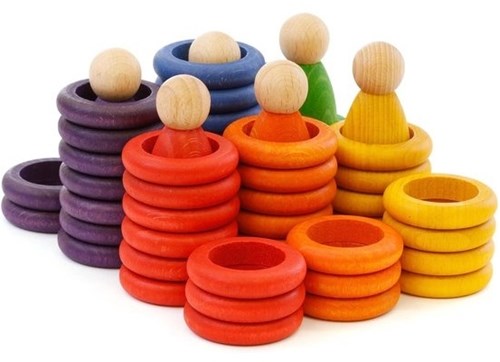 Grapat Nins en bois, Figurines & Anneaux Couleurs Arc-en-ciel 60 pcs