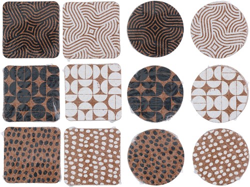 Onderzetter kurk met print 10x10cm 4 stuks assorti