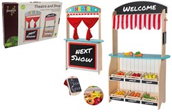 Jouéco théâtre et boutique en bois avec accessoires - jeu d'imitation 2 en 1