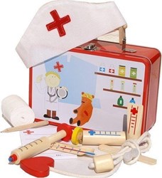 Simply mallette de docteur jouet en bois dans une valise en métal pour enfants
