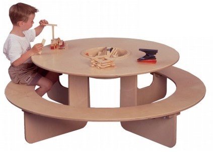 Van Dijk Toys Table ronde avec banc et bac de rangement (à plat) - Naturel - L'article se compose de 2 boîtes