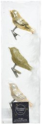 Boule de Noël oiseau en verre sur clip décoration dorée 3 pièces