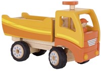 Goki Camion-benne en bois - Véhicule de chantier jouet orange avec roues pivotantes-3
