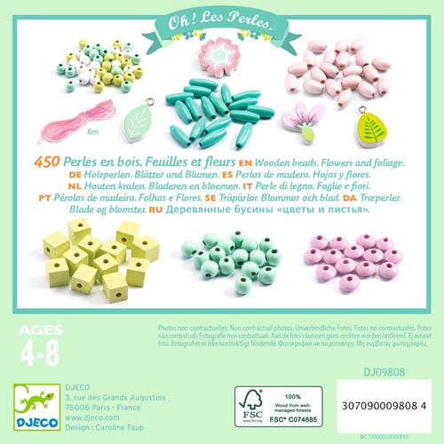 Djeco L'ART DU FIL - PERLES & BIJOUX Perles bois - Feuilles et fleurs - FSC 100%
