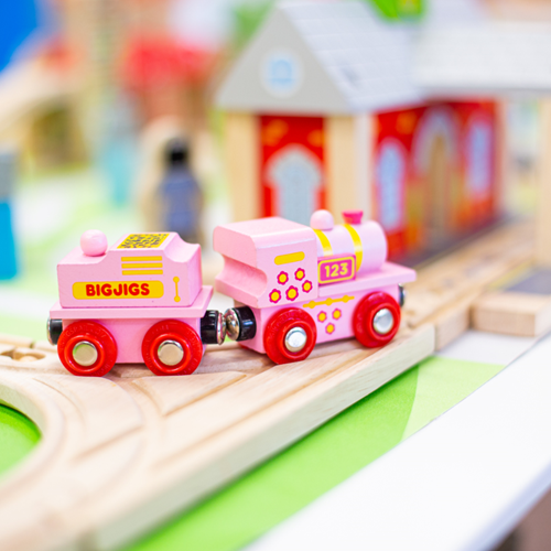 BigJigs locomotive en bois 123 avec wagon - rose - train jouet-3