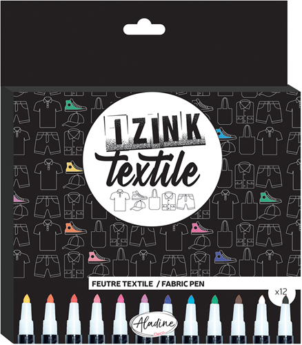 Aladine set de feutres textiles - 12 marqueurs tissus couleurs vives