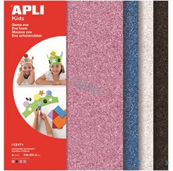 APLI Kids feuilles mousse pailletée - EVA foam A4 blanc noir rouge bleu
