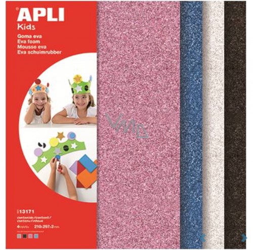 APLI Kids feuilles mousse pailletée - EVA foam A4 blanc noir rouge bleu