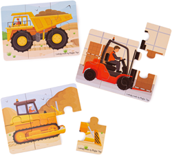 BigJigs puzzle en bois véhicules de chantier - 6 pièces - 3 puzzles