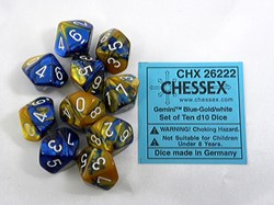 Chessex Gemini Bleu-Or/Blanc D10 Set de dés (10 pièces)