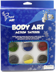 Buzz Retail kit de tatouages pailletés avec 6 couleurs et 25 motifs pour enfants