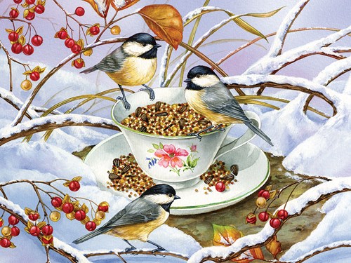 Cobble Hill puzzle XXL Chickadee Tea 275 pièces oiseau d'hiver