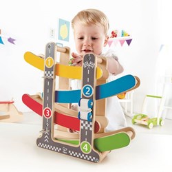 Hape circuit de course en bois Fast Flip avec 3 voitures - jouet coloré