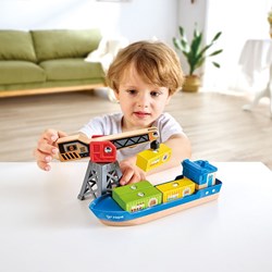 Hape bateau cargo jouet avec grue - navire en bois coloré