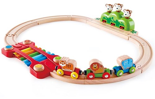 Hape circuit de train en bois singes musicaux - jouet jungle