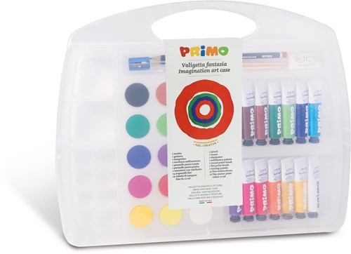 Primo Fantasia : coffret contenant 14 tubes de gouache 12 ml et 15 aquarelles diamètre 30 mm, 1 pinceau, 1 crayons HB, 1 gomme, 1 taille-crayon, 1 palette de mélange