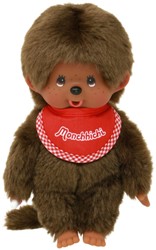 Monchhichi poupée en peluche garçon brun avec bavoir rouge 20cm doudou