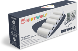 Kidywolf KIDYROLL is een set van 5 rollen gekleurd thermisch papier. Maakt het mogelijk om onmiddellijk te printen zonder inkt. De foto’s worden in zwart-wit afgedrukt en geven elke herinnering een ti