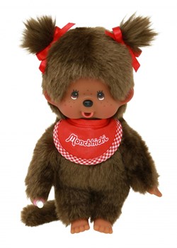 Monchhichi poupée fille brune avec bavoir rouge - 20 cm - singe peluche