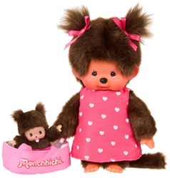 Poupée peluche Monchhichi 20 cm avec MiniBebichhichi panier jouet