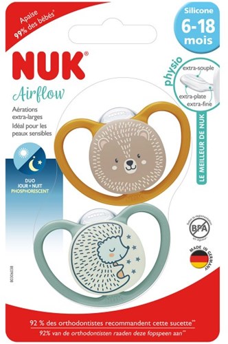 Nuk sucette Airflow Day & Night silicone 6-18M ours hérisson set-2