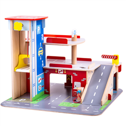 BigJigs garage en bois jouet avec ascenseur et accessoires