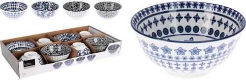 Excellent Houseware bol en porcelaine bleu-blanc Ø15,5xH7cm vaisselle