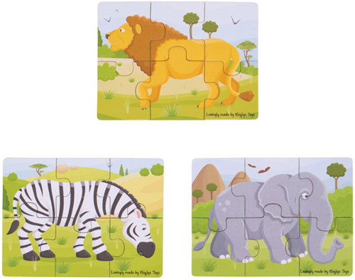 BigJigs puzzle animaux safari - jouet en bois set de puzzles 3x6 pièces