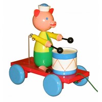 Miva jouet à tirer cochon avec tambour - jouet en bois coloré