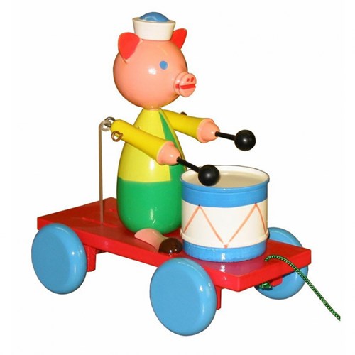 Miva jouet à tirer cochon avec tambour - jouet en bois coloré