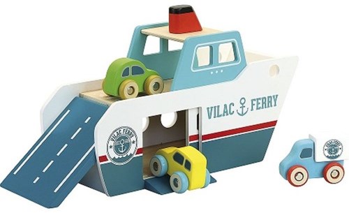 Vilac ferry en bois jouet - bateau ferry avec voitures et camion